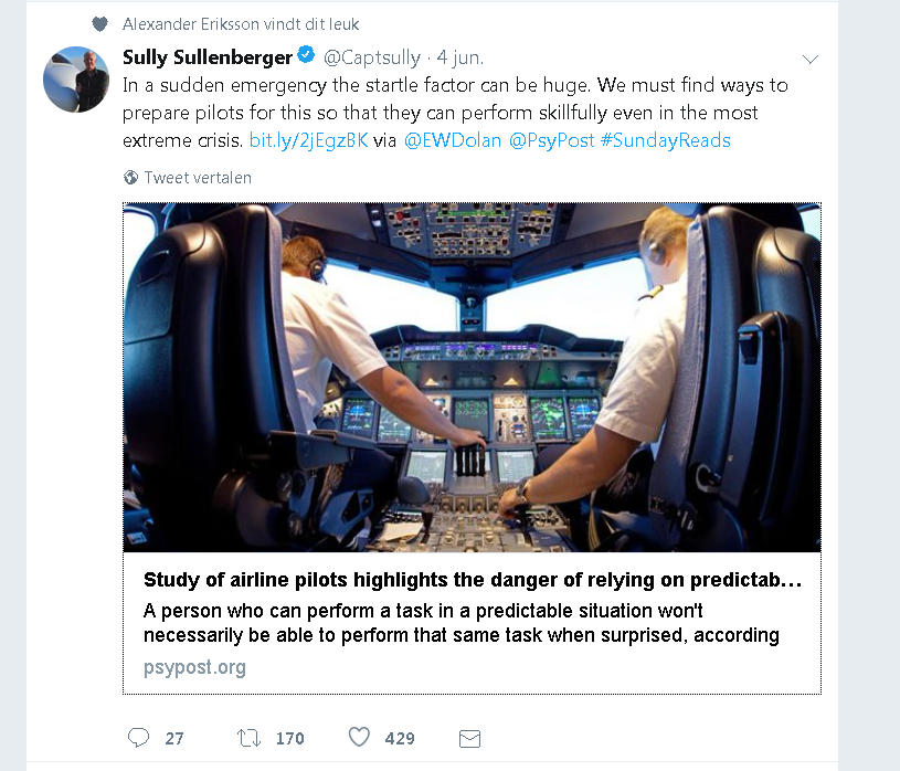 Captain Sullenberger tweet on TU Delft startle research